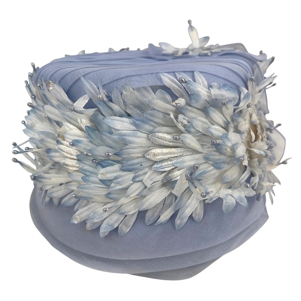 Vintage Women's Pillbox Hat Blue Chiffon Floral‎ Fabric Petals 60s Church Retro